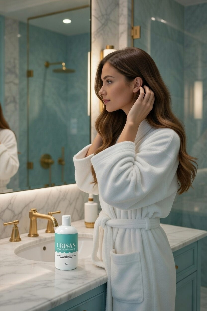 Woman in a white robe applying skincare product in a bathroom.