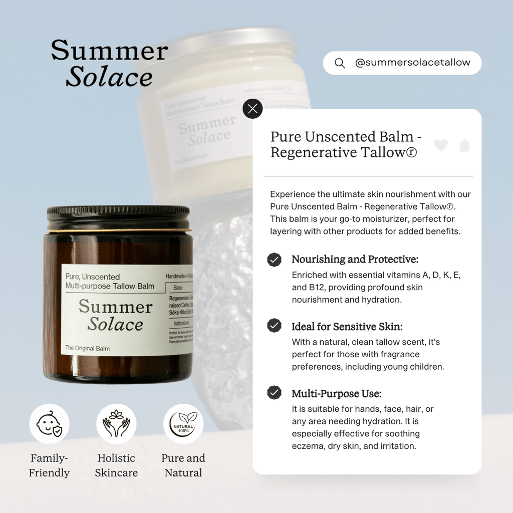 Summer Solace balm packaging with product details on a light blue background