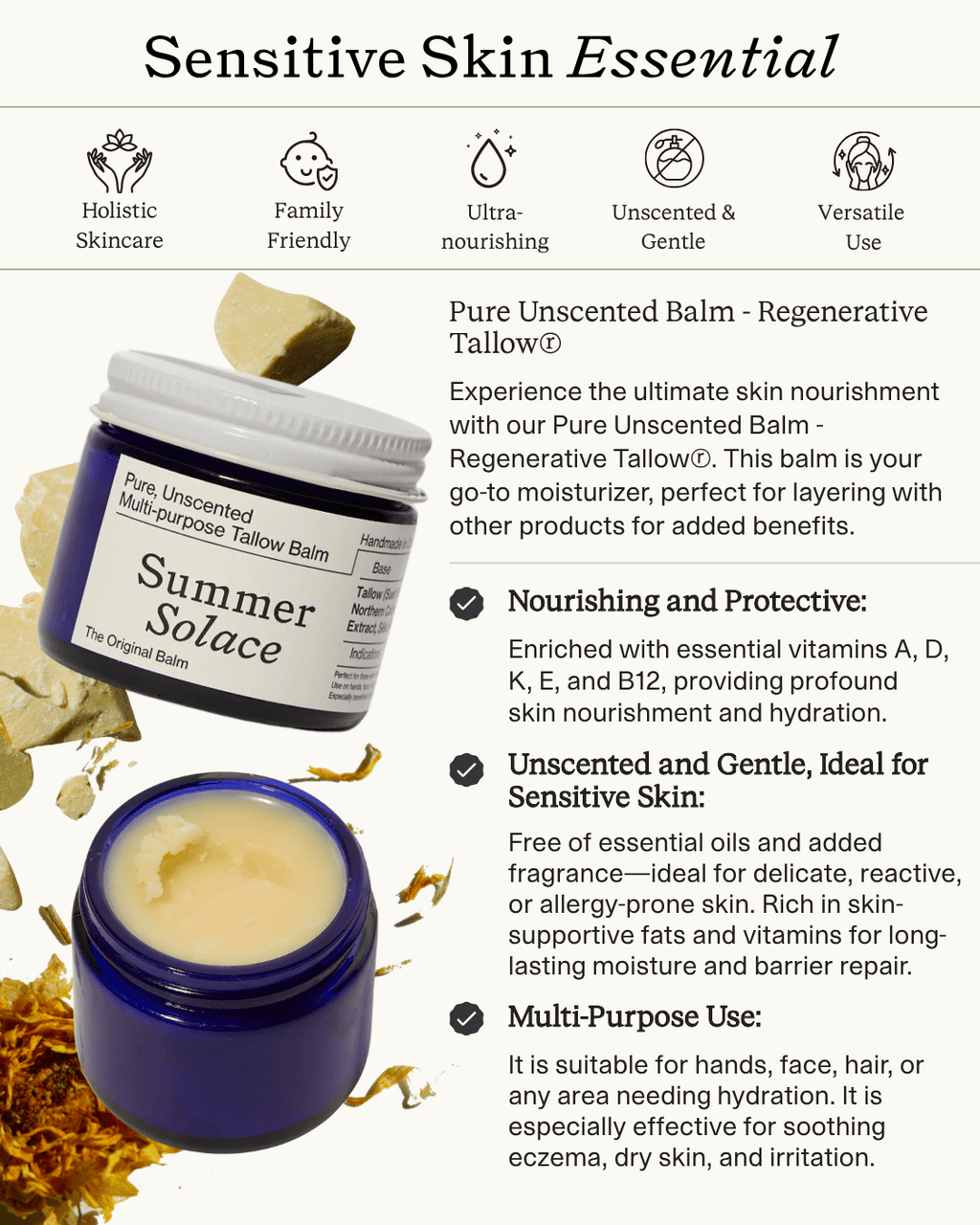 Summer Solace balm packaging with product details on a white background