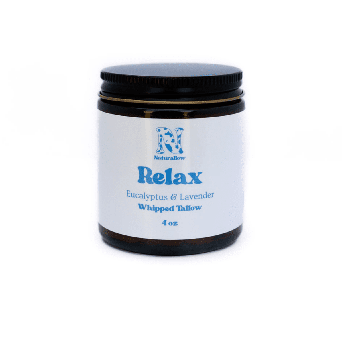 Jar of 'Relax' whipped tallow with Eucalyptus & Lavender scent on a white background