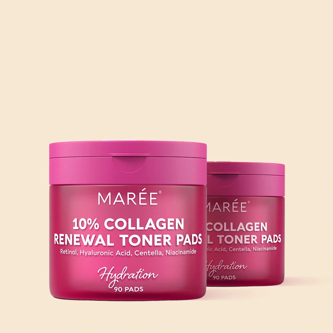 Two pink containers of Maré 10% Collagen Renewal Toner Pads on a beige background