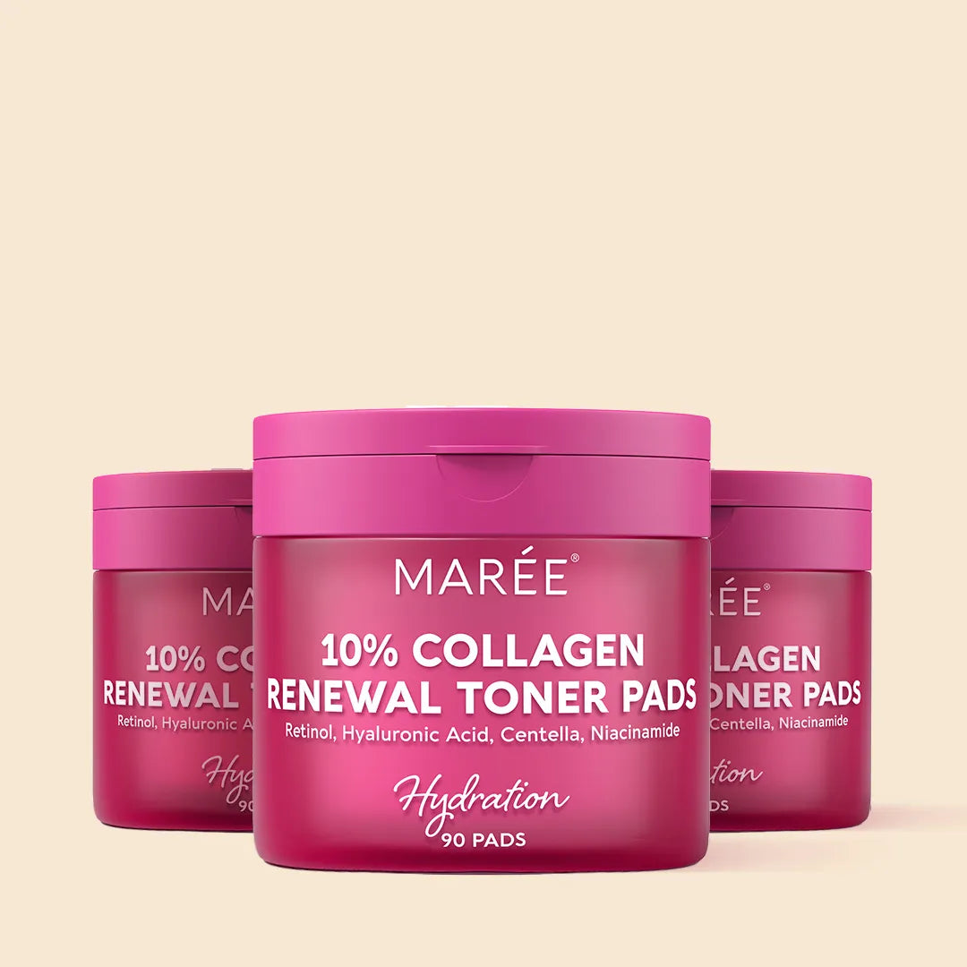 Three jars of Mareé 10% Collagen Renewal Toner Pads on a beige background